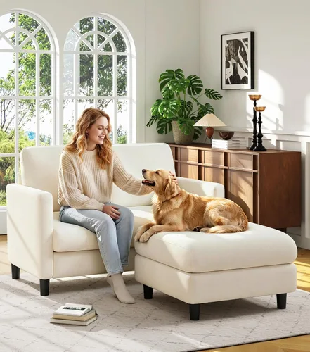 Vista 38 de Welzona Loveseat, 51" Small L Shaped Couch, Comfy Teddy Love Seat with Ottoman Set, Tool-Free Setup Loveseat Sofa with Ottoman, All-Wood Small Sofa