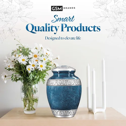 Vista 8 de GSM Brands Urna de cremación para cenizas humanas adultas, gran conmemoración funeraria hecha a mano con llamativo diseño azul