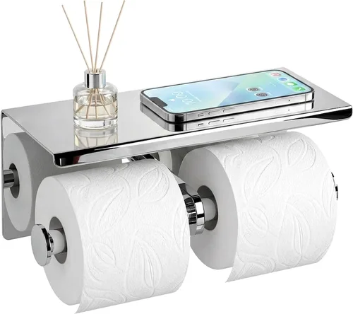 Vista 10 de Soporte de papel higiénico doble de acero inoxidable con estante de almacenamiento para teléfono (gris)