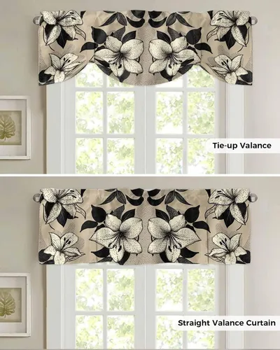 Vista 5 de Cortinas de cenefa de flores negras y beige para ventanas, cortinas de cocina, cortinas rústicas retro beige, cortinas botánicas cortas