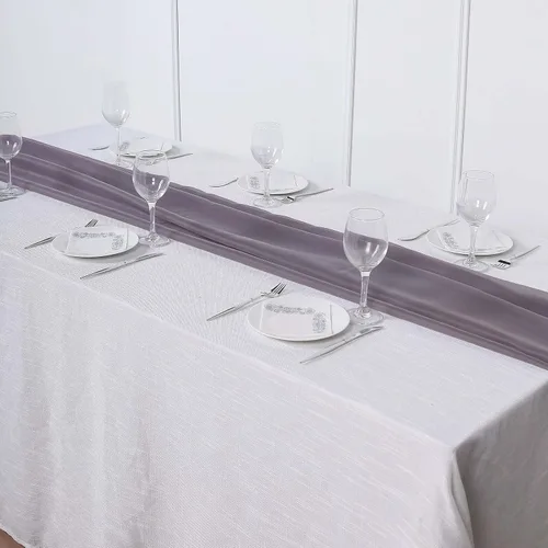 Vista 3 de Tableclothsfactory Camino de mesa de gasa de amatista de 22 x 80 pulgadas para bodas, fiestas, banquetes, decoración, ajuste rectangular y mesa