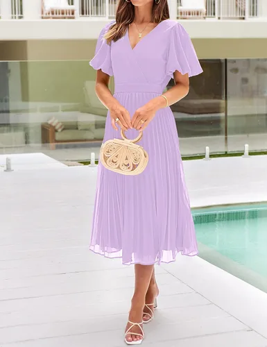 Vista 8 de MEROKEETY Vestido midi plisado con cuello en V y mangas abullonadas para mujer, para invitadas de boda