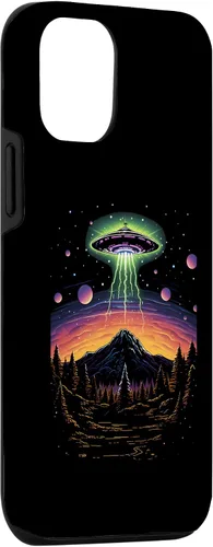 Vista 3 de iPhone 14 colorido OVNI Bright Mountain Lake Camping Alien Visitors Case