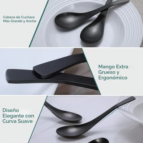 Vista 2 de HIWARE Cucharas de sopa gruesas de color negro mate, cucharas de sopa de acero inoxidable, cucharas de mesa, juego de 6