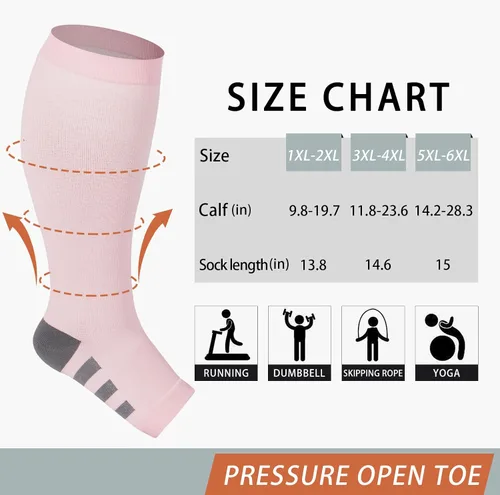 Vista 2 de Abodhu Calcetines de compresión de talla grande con punta abierta para mujeres y hombres, 15-20mmHg pantorrilla ancha hasta la rodilla, calcetines