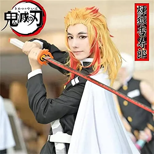 Vista 7 de Anime Demon Slayer Kimetsu No Yaiba Rengoku Kyoujurou Cosplay Peluca Hombres Mujeres Resistente al Calor Pelucas de Pelo Sintético Halloween