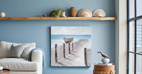 Vista 4 de Yihui Arts - Lienzo decorativo para pared de playa con diseño de bote azul y gris costero náutico cuadrado, pintura artística para decoración