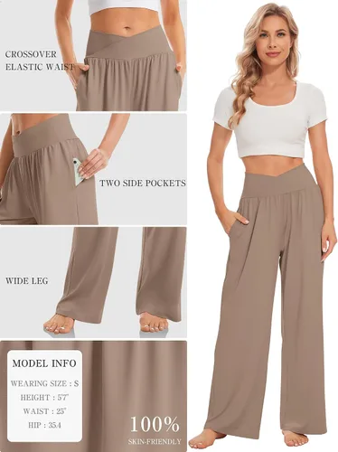 Vista 4 de TARSE Pantalones holgados casuales de pierna ancha para mujer, pantalones de yoga, cómodos, cruzados, de cintura alta, pantalones de pijama
