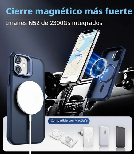 Vista 3 de Funda magnética para iPhone 11 con soporte, compatible con Magsafe, protección militar y protector de lente de cámara, funda translúcida mate, azul
