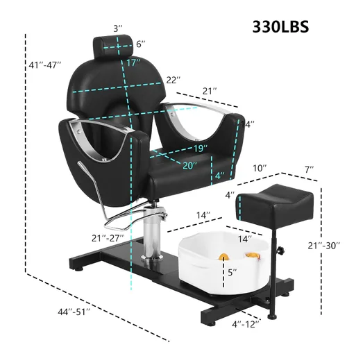 Vista 2 de Silla de pedicura giratoria de 360° con taburete y baño de pies de masaje, estación de pedicura hidráulica de altura ajustable sin plomería