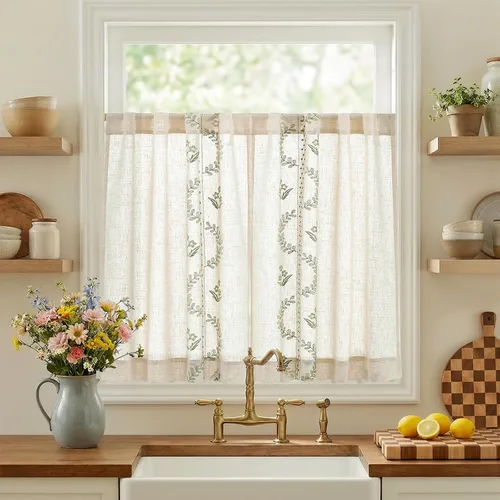 Vista 24 de jinchan Cortinas de lino floral beige para cocina, 24 pulgadas, 2 paneles A Beige