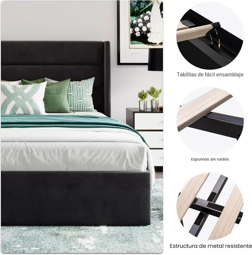 Vista 6 de SHA CERLIN Cama de Almacenamiento Elevable Tamaño Completo/Tapizada en Terciopelo/Cabecera Moderna Wingback/Marco de Cama Plataforma Negro