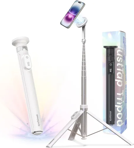 Vista 11 de KraftGeek Trípode magnético para teléfono con palo selfie automático de 66'' para iPhone MagSafe – con control remoto, trípode portátil para Negro