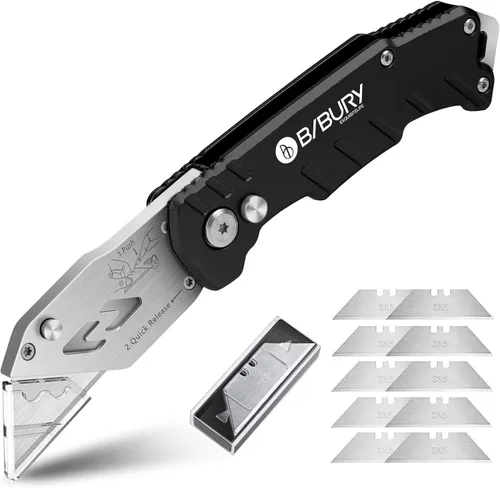 Vista 10 de BIBURY Cuchillo utilitario, cortador de caja plegable resistente, cuchillo cortador de alfombra de bolsillo con 10 cuchillas adicionales de acero