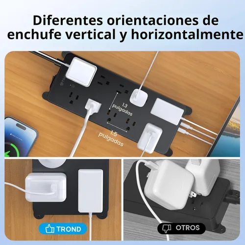 Vista 4 de TROND - Alargador de corriente con protector contra sobretensiones, 4000 J, certificado ETL, 10 salidas ampliamente espaciadas con 2 USB A y 2 USB