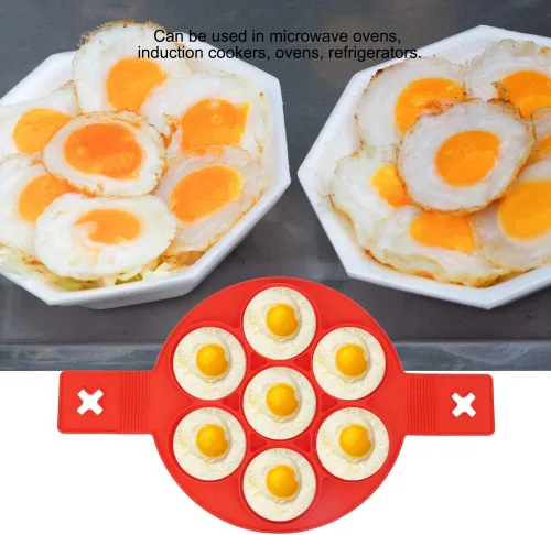Vista 2 de Oumefar 2 moldes para panqueques de silicona roja para freír huevos con 7 agujeros de forma redonda, herramienta de cocina antiadherente