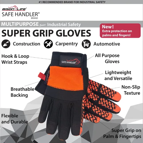 Vista 7 de SAFE HANDLER Guantes Super Grip Palma de agarre texturizada, textura antideslizante, correa de muñeca con gancho y bucle, negro/naranja, S/M, 1