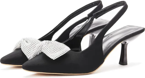 Vista 2 de stylewe Tacones para mujer, tacones de gatito, tacón bajo, punta cerrada y puntiaguda con lazo brillante para zapatos de citas de boda