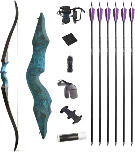 Vista 12 de Juego de arco recurvo y flecha original de 60 pulgadas Black Hunter Takedown de 20 a 60 libras, arco largo de madera tradicional RH&LH para caza