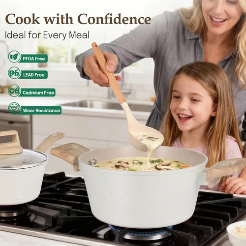 Vista 7 de M MELENTA Juego de ollas y sartenes antiadherentes, juego de utensilios de cocina de cerámica no tóxica, 11 piezas de utensilios de cocina de Crema