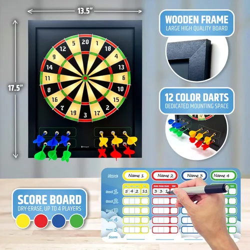 Vista 3 de HMmagnets Tablero de dardos magnético grande y seguro (marco de madera) para niños y adultos, juego divertido para hasta 4 jugadores, incluye 12