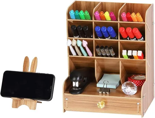 Vista 5 de Hggzeg Organizador de escritorio de madera, multifuncional, soporte para bolígrafos, caja de almacenamiento estacionario de escritorio