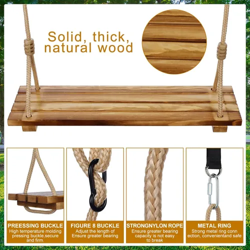 Vista 3 de Hollowfly 2 Piezas Asiento de Columpio de Madera Carbonizada Colgante Columpio de Árbol de Madera con Cuerda Ajustable Anticorrosivo Impermeable