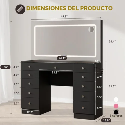 Vista 8 de Escritorio tocador Otterease con espejo y luces, escritorio de maquillaje con 11 cajones, tocador de maquillaje con superficie de vidrio templado, 3
