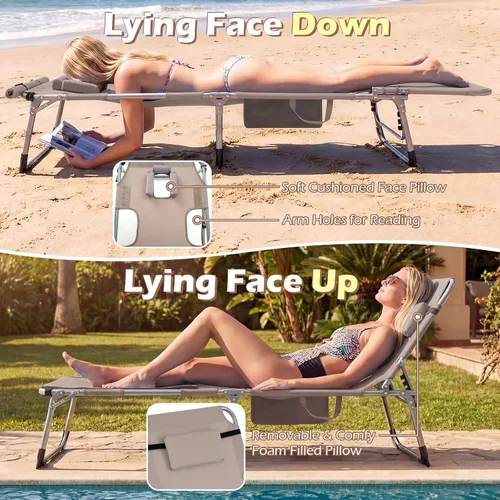 Vista 4 de Goplus Silla de bronceado con agujeros para brazos faciales, silla portátil para tomar el sol con respaldo de 4 niveles y almohada para la cabeza