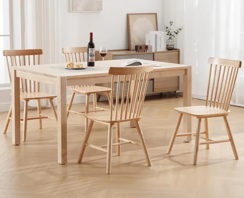Vista 7 de Kmax Juego de 6 sillas de comedor vintage, sillas Windsor con patas de madera maciza, estilo granja, roble