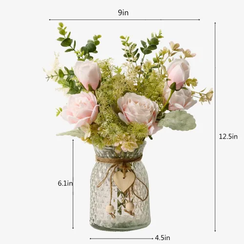 Vista 3 de YJ Flores falsas con jarrón, flores artificiales de seda ramo de flores en jarrón, arreglos florales sintéticos, decoración de mesa de granja Rosa