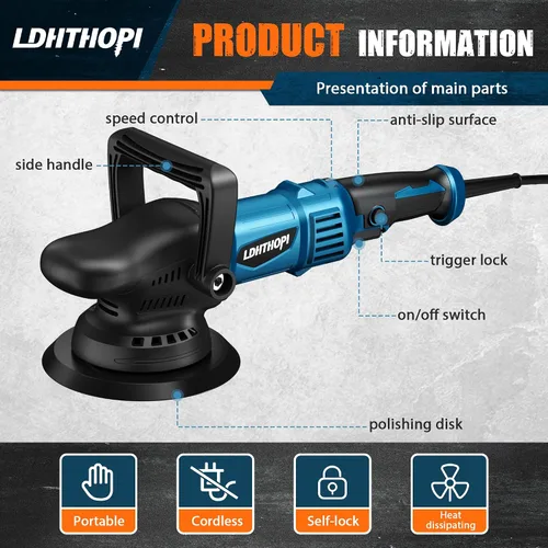 Vista 6 de LDHTHOPI Pulidora de doble acción, 980W 5/6 Pulgadas, 9MM, pulidora orbital aleatoria de 980W para detalles de automóviles, 2800-5800RPM, pulidora