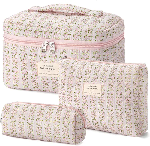 Vista 26 de HBselect Bolsa de Maquillaje Acolchada, 3 Piezas de Gran Bolsa de Maquillaje de Viaje de Algodón, Linda Bolsa de Maquillaje Floral Coquette, Bolsa