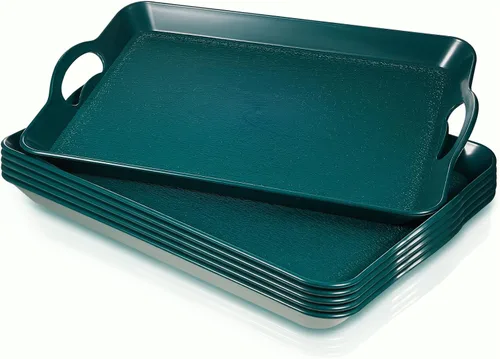 Vista 9 de 6 bandejas para servir con asas para comer, bandeja de plástico multiusos de 16 x 11 pulgadas, bandeja rectangular antideslizante decorativa