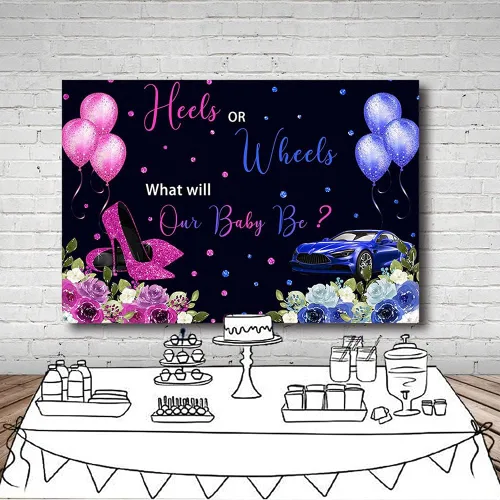 Vista 6 de MEHOFOND Talones o ruedas de 7 x 5 pies, fondo de revelación de género, globos fucsia o azul, sorpresa de género floral, baby shower, fiesta, mesa