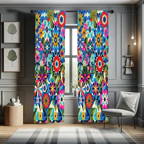 Vista 50 de Ambesonne Paquete de 2 cortinas para ventana con estampado de hojas, arte botánico con hojas, mosaico, detalles cuadrados cúbicos, naturaleza