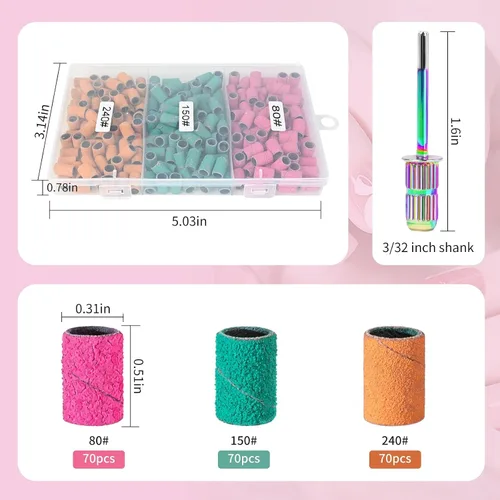 Vista 3 de Bandas de lijado para taladro de uñas, piezas de lijado para taladro de uñas KOYOPEPI 210 piezas, bandas de lijado de grano grueso y fino