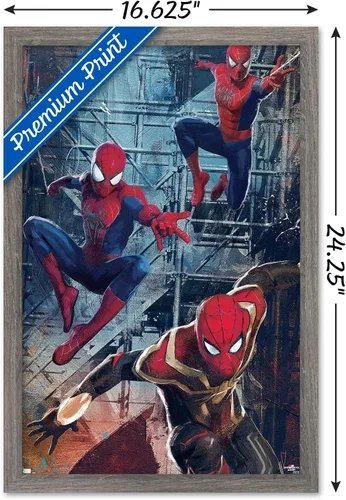Vista 3 de Trends International Marvel Spider-Man: No Way Home - Póster de pared de trío, 14.725 x 22.375 pulgadas, versión enmarcada de madera de granero