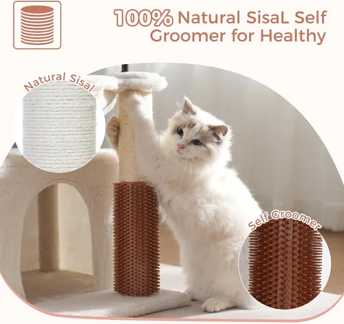Vista 4 de Árbol para gatos pequeños de 32 pulgadas para gatos grandes, torre para gatos adultos con poste rascador, hamaca grande de 15.7 pulgadas y auto Beige
