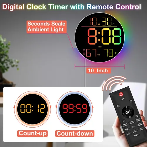 Vista 6 de QINFIEY Reloj de pared LED de 10 pulgadas con luz ambiental RGB, atenuación automática, pantalla de color/hora/fecha/temperatura/humedad, alarma