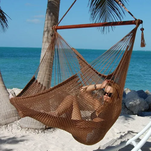 Vista 4 de Larga silla hamaca grande caribeña con reposapiés, 48 pulgadas, poliéster, silla de colgar., Mocha