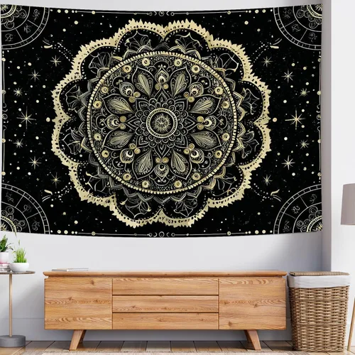 Vista 3 de Delur Tapiz de mandala negro y dorado, astrología, espacio, hippie bohemio, medallón floral, tapiz para colgar en la pared, estético, cabecero