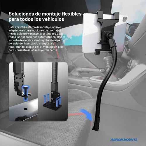Vista 5 de ARKON Carril de asiento de coche o camión o soporte de tableta de piso con brazo de 22 pulgadas para iPad Pro iPad Air 2 iPad Retail Negro