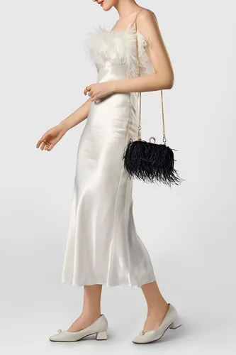 Vista 4 de BABEYOND Bolso de mano de plumas de avestruz para mujer, bolso de noche con perlas, bolso de hombro para fiesta de los años 20, baile de graduación