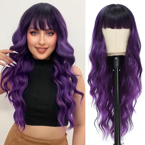 Vista 22 de NAYOO Peluca larga ondulada rubia ombré para mujer, de 26 pulgadas, parte media, rizada, ondulada, de aspecto natural, fibra sintética resistente al