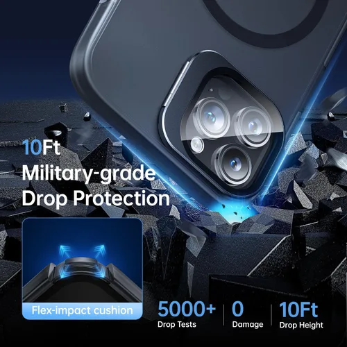 Vista 4 de Funda para iPhone 14 Pro, protección contra caídas de grado militar, compatible con MagSafe, soporte integrado y protector de lente de cámara, funda