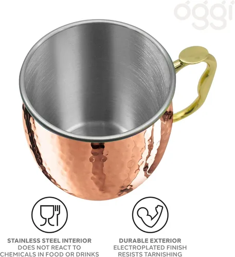 Vista 3 de Oggi Taza de mula chapada en cobre martillado de Moscú con mango EZ-Grip, 18 onzas