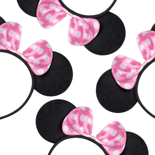 Vista 7 de CrushJoy-US 20 piezas de orejas de Mickey y Minnie Mouse, color sólido negro y lazo rosado, diadema para niños y niñas (rosado y negro)