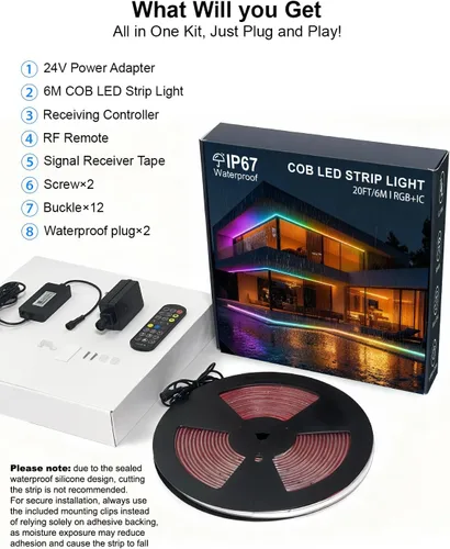Vista 8 de Luces de tira LED COB, RGB Smart IC, IP67 Impermeable, Regulable 20FT/6M, Tira de luz con flujo de color con control de aplicación y sincronización