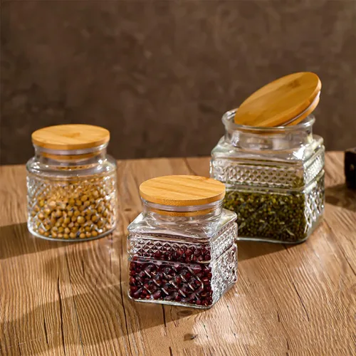 Vista 6 de Recipientes de vidrio para alimentos con tapas herméticas de bambú para dulces, aperitivos, café, galletas, frascos de vidrio, recipientes